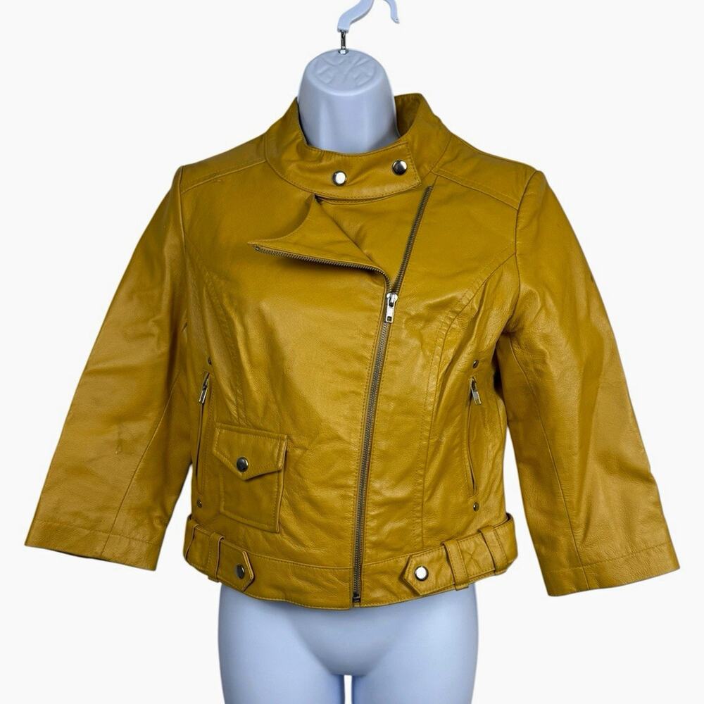 Newport News Womens Size 8 Yellow Biker Jacket Zip Snap Collared Pockets M0066